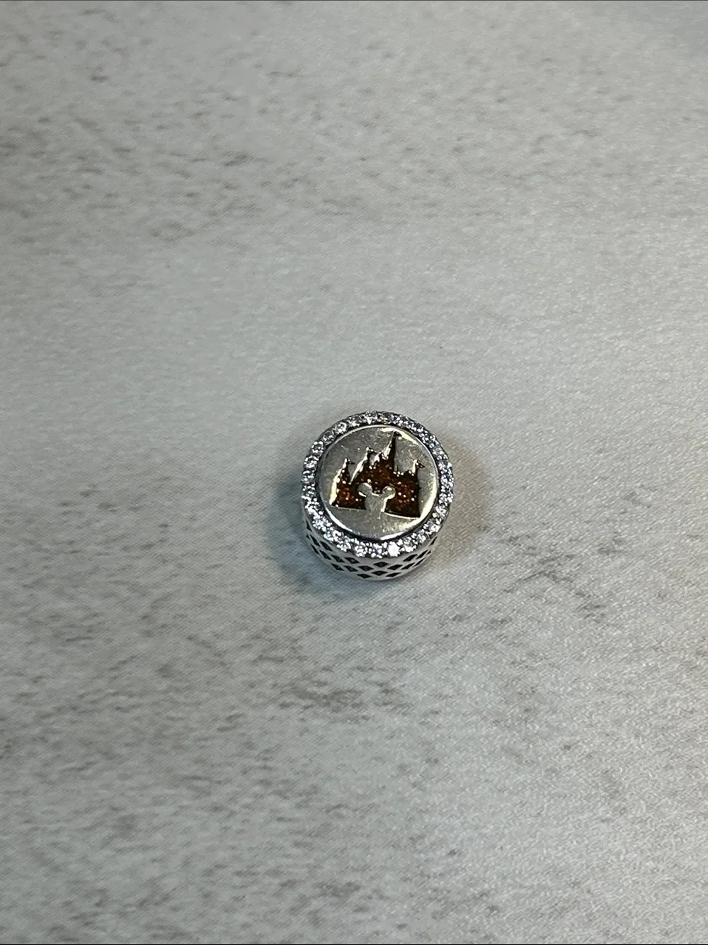Pandora925 Sterling Silver Disney Round Charm  with Glittery Gold Castle